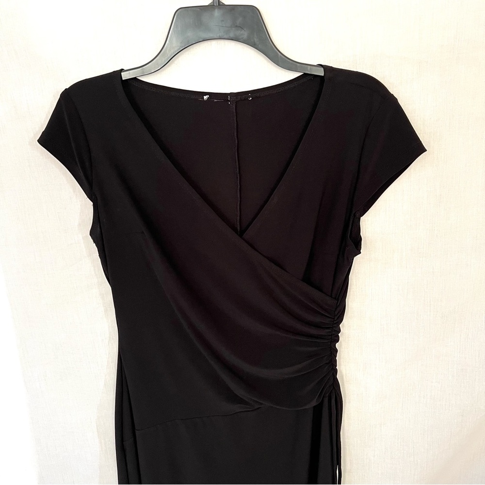 **SOLD** Black Faux Wrap Midi Dress with Flattering Ruched Waist Size 8 - Picture 6 of 9